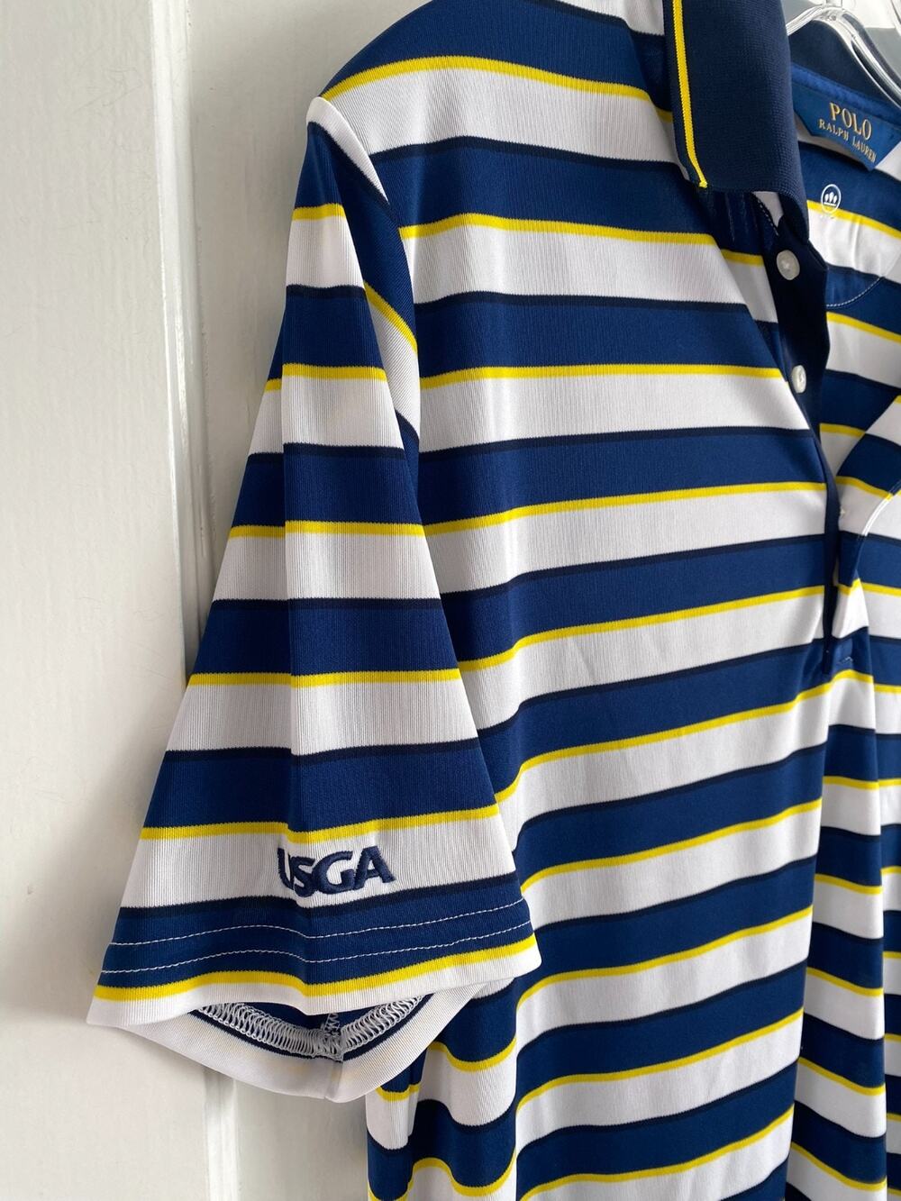 Polo Ralph Lauren US Open 2020 Winged Foot Golf Shirt Mens M Striped Blue Yellow